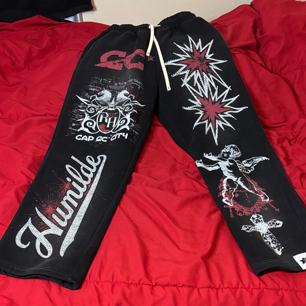 Black Graphic Rhinestones Sweatpants with Red and White Designs